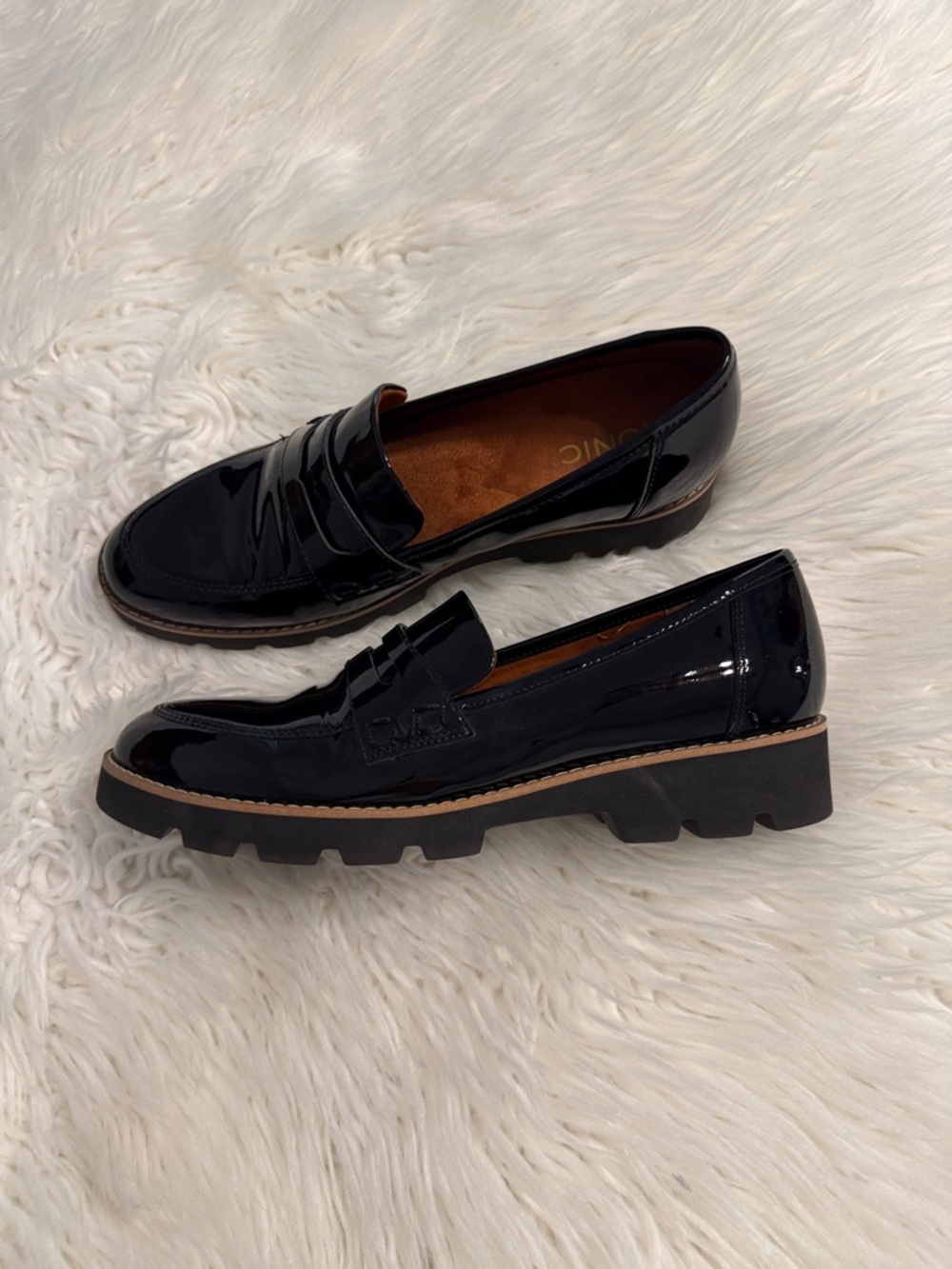 Vionic Black Patent Leather Lug Sole Loafers